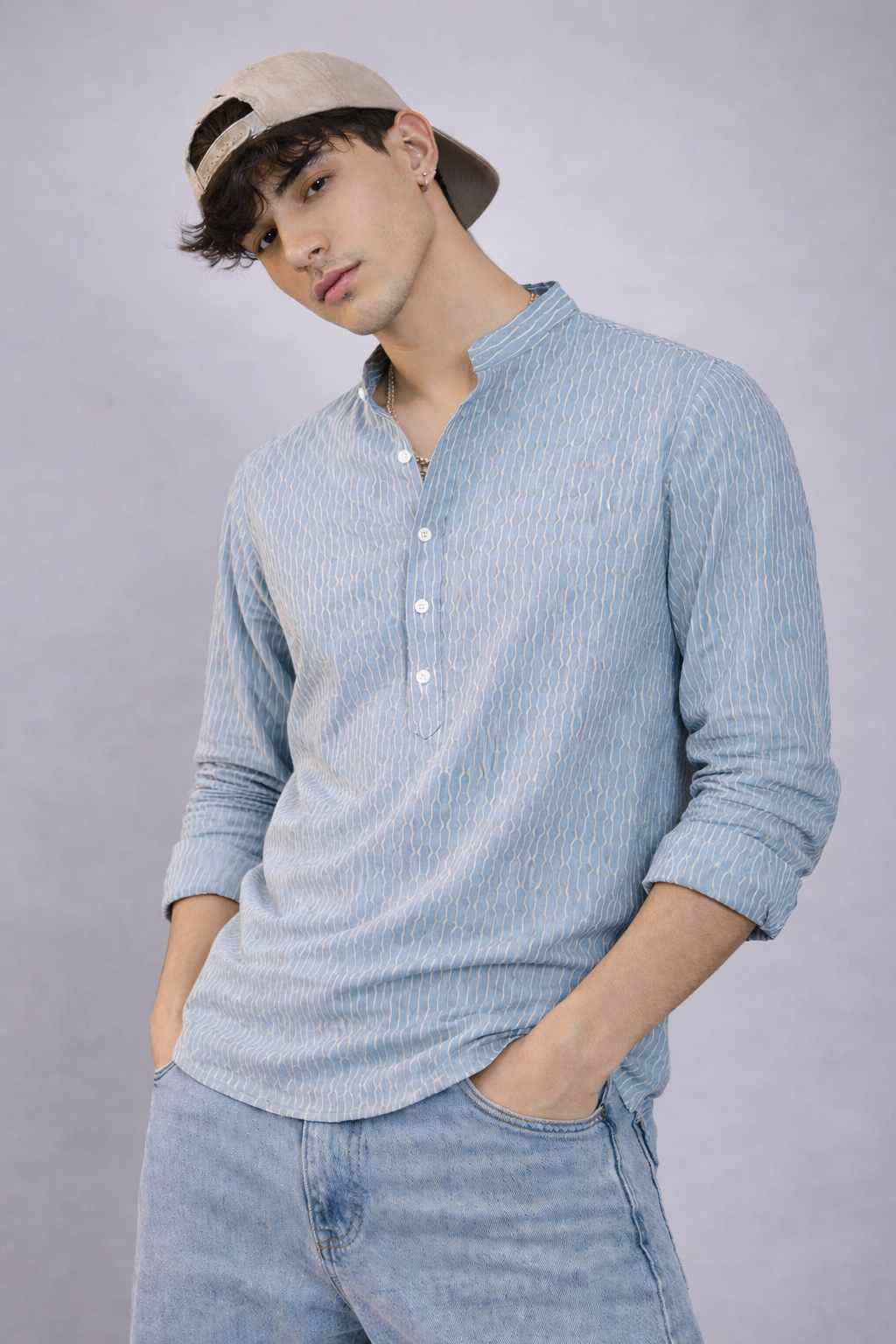 Textured Blue Short Kurta