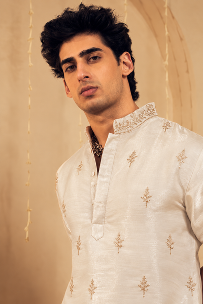 Champagne Beige Embroidered Kurta for Men with Rose Gold Thread Work