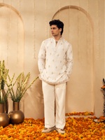Champagne Beige Embroidered Kurta for Men with Rose Gold Thread Work
