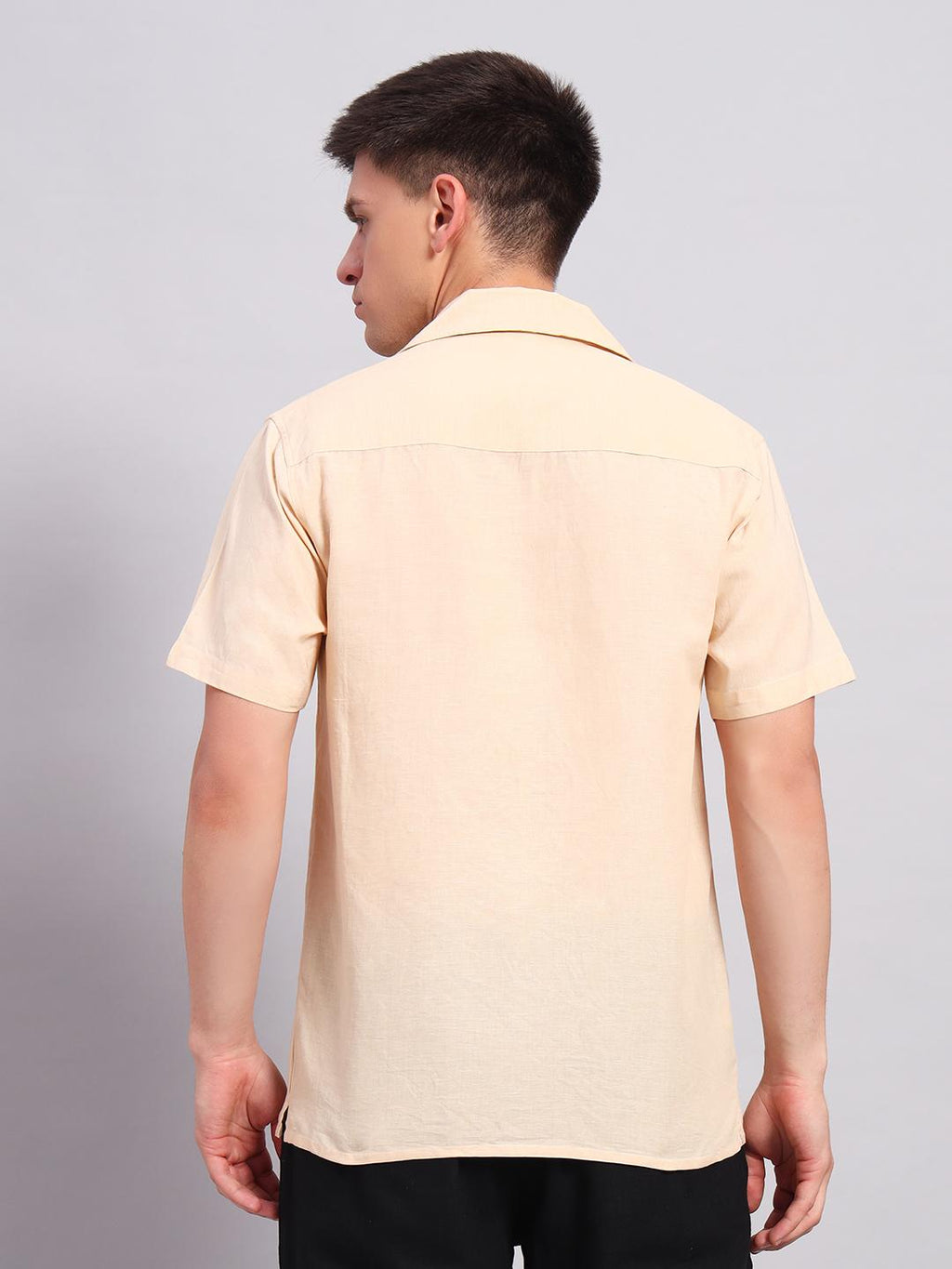Men's Beige Embroidered Cuban Collar Casual Shirt