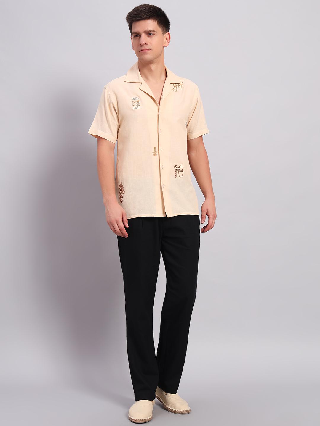 Men's Beige Embroidered Cuban Collar Casual Shirt