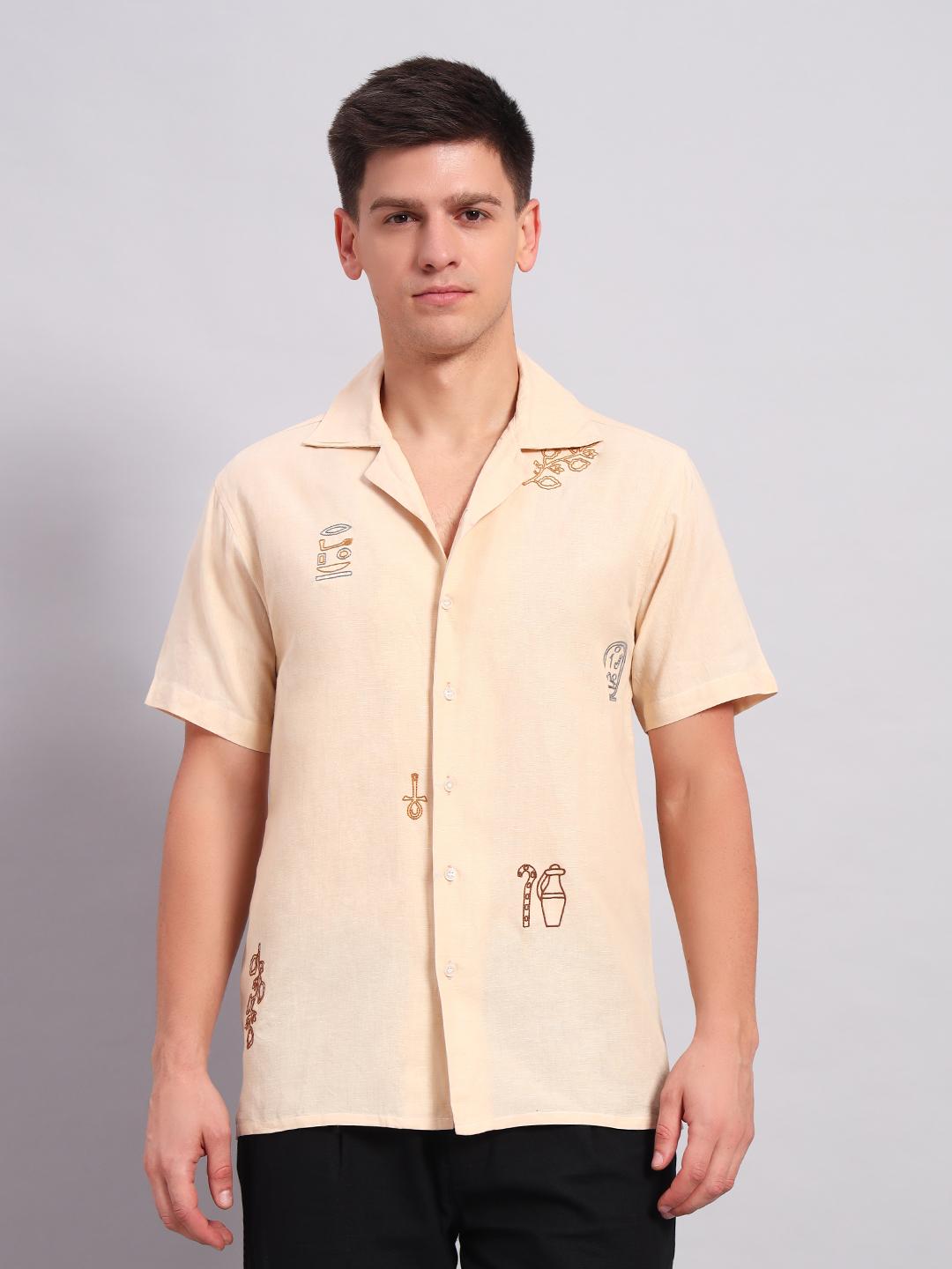 Men's Beige Embroidered Cuban Collar Casual Shirt