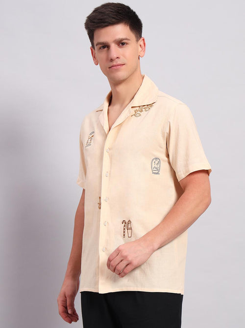 Men's Beige Embroidered Cuban Collar Casual Shirt