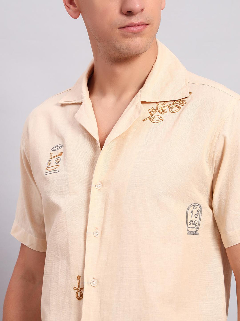 Men's Beige Embroidered Cuban Collar Casual Shirt