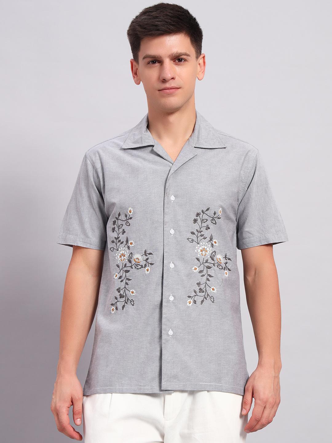 Men's light Grey Embroidered Cuban Collar Casual Shirt