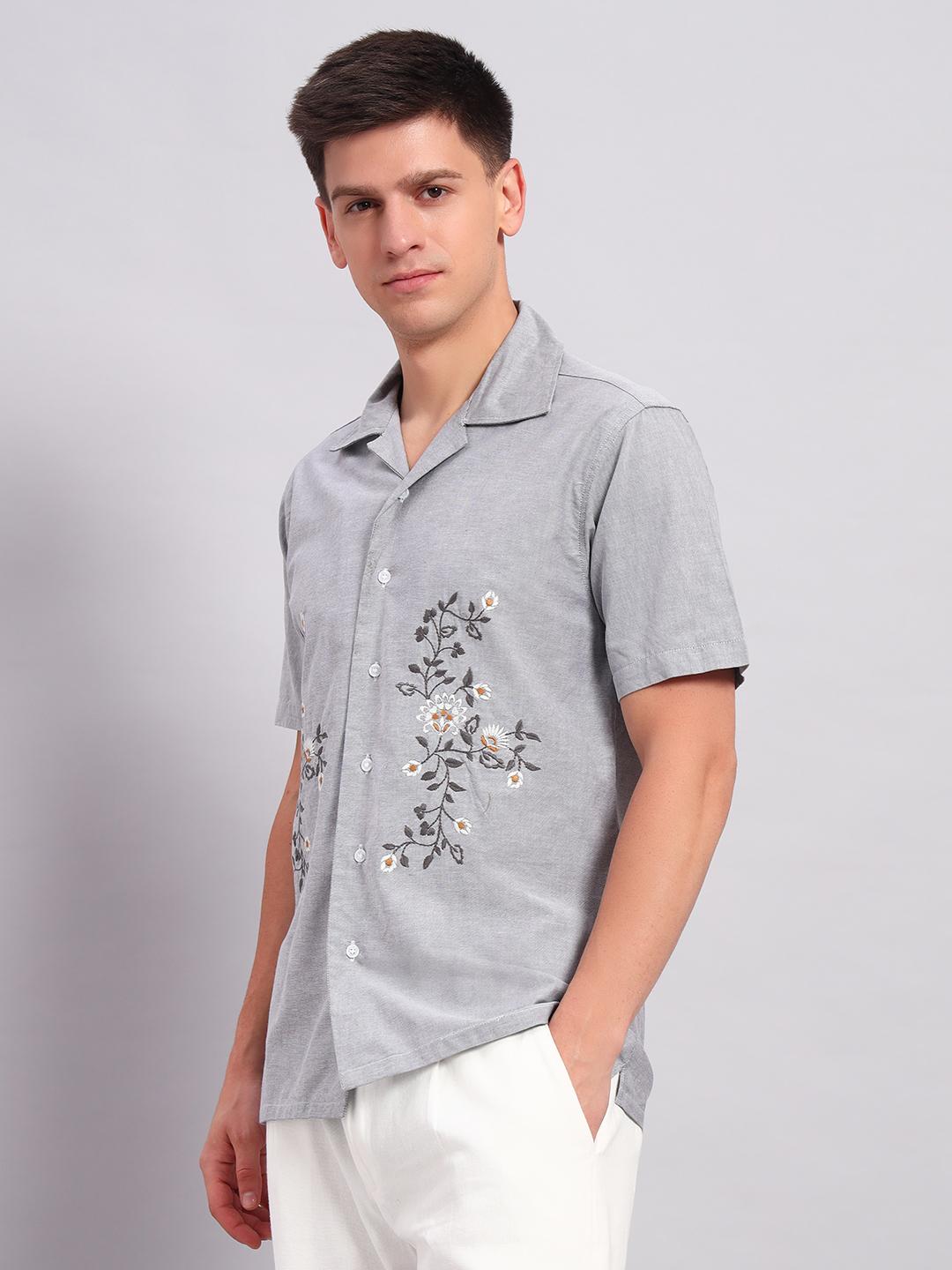 Men's light Grey Embroidered Cuban Collar Casual Shirt