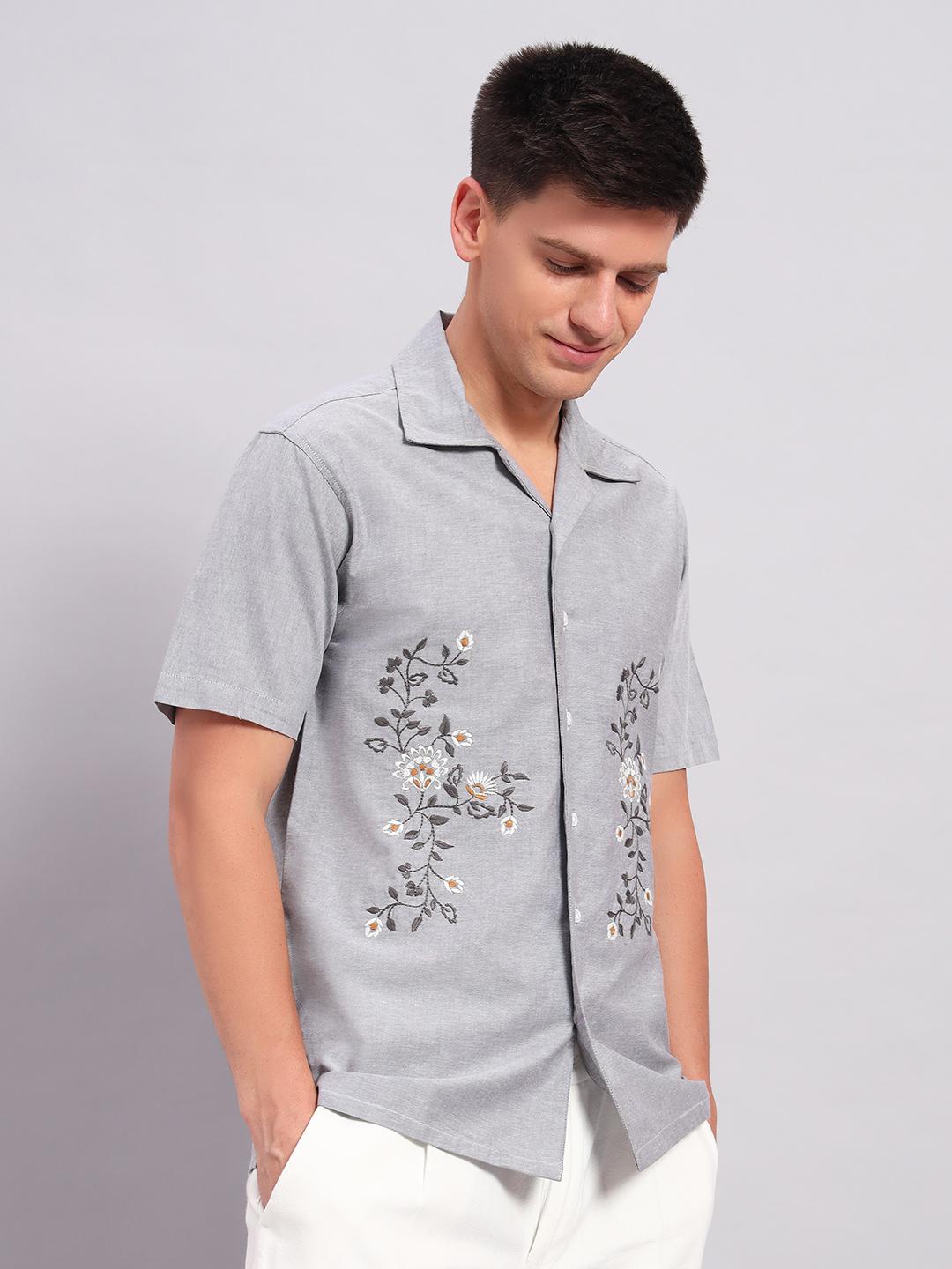 Men's light Grey Embroidered Cuban Collar Casual Shirt