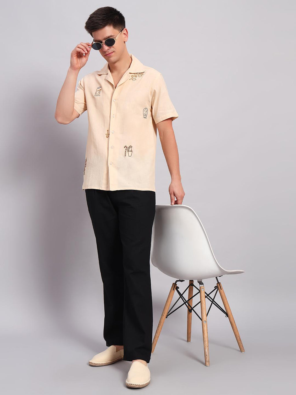 Men's Beige Embroidered Cuban Collar Casual Shirt