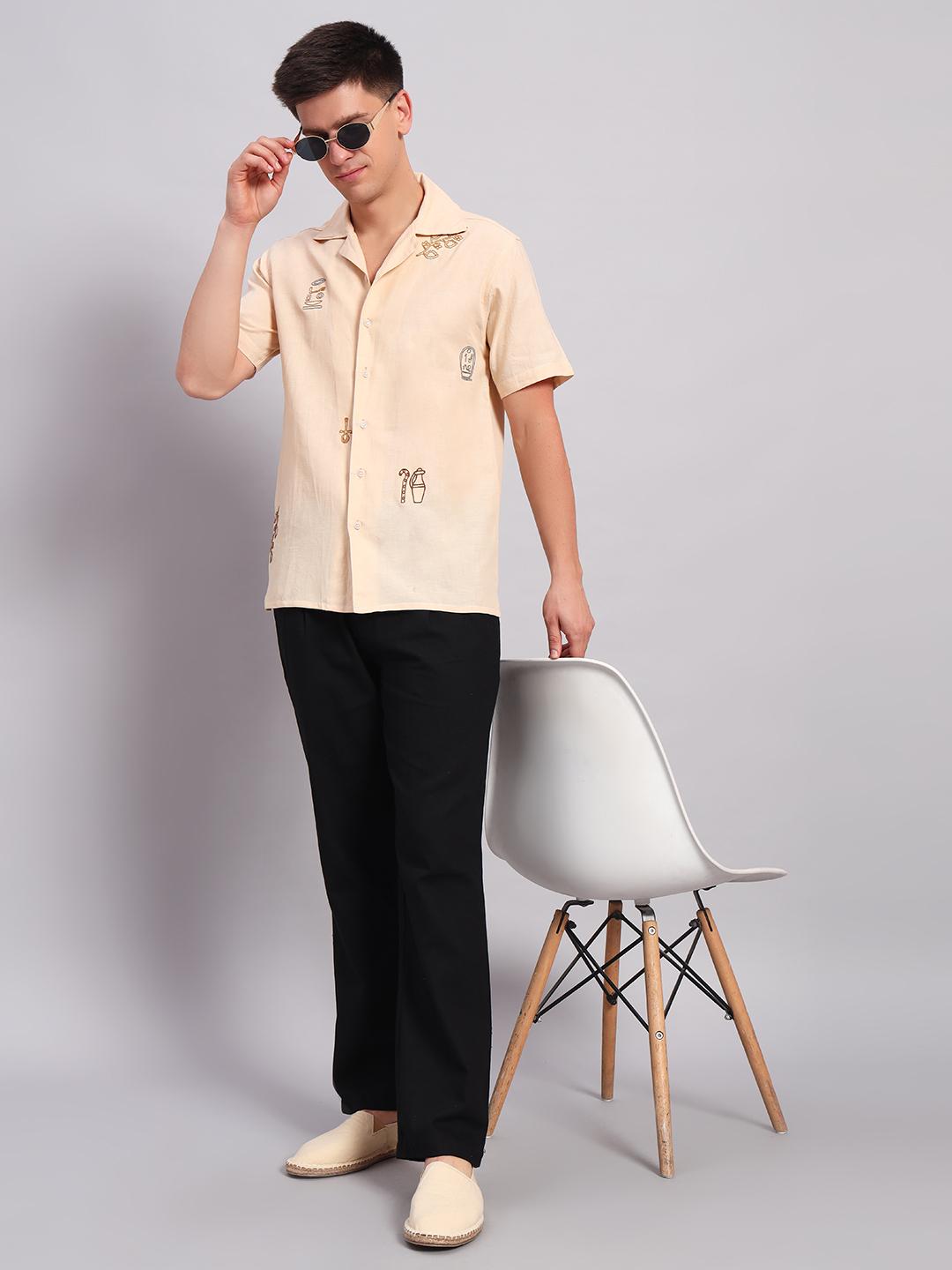 Men's Beige Embroidered Cuban Collar Casual Shirt