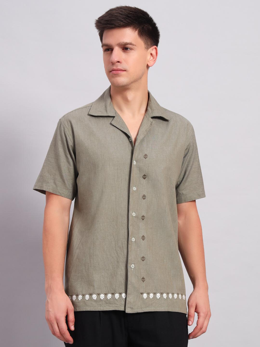 Men’s Cotton Embroidered Cuban Collar Shirt – Straight Waist Fit