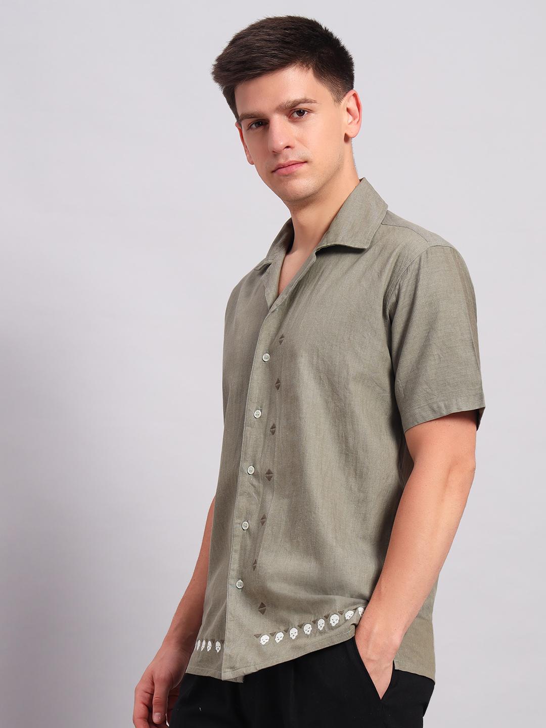 Men’s Cotton Embroidered Cuban Collar Shirt – Straight Waist Fit