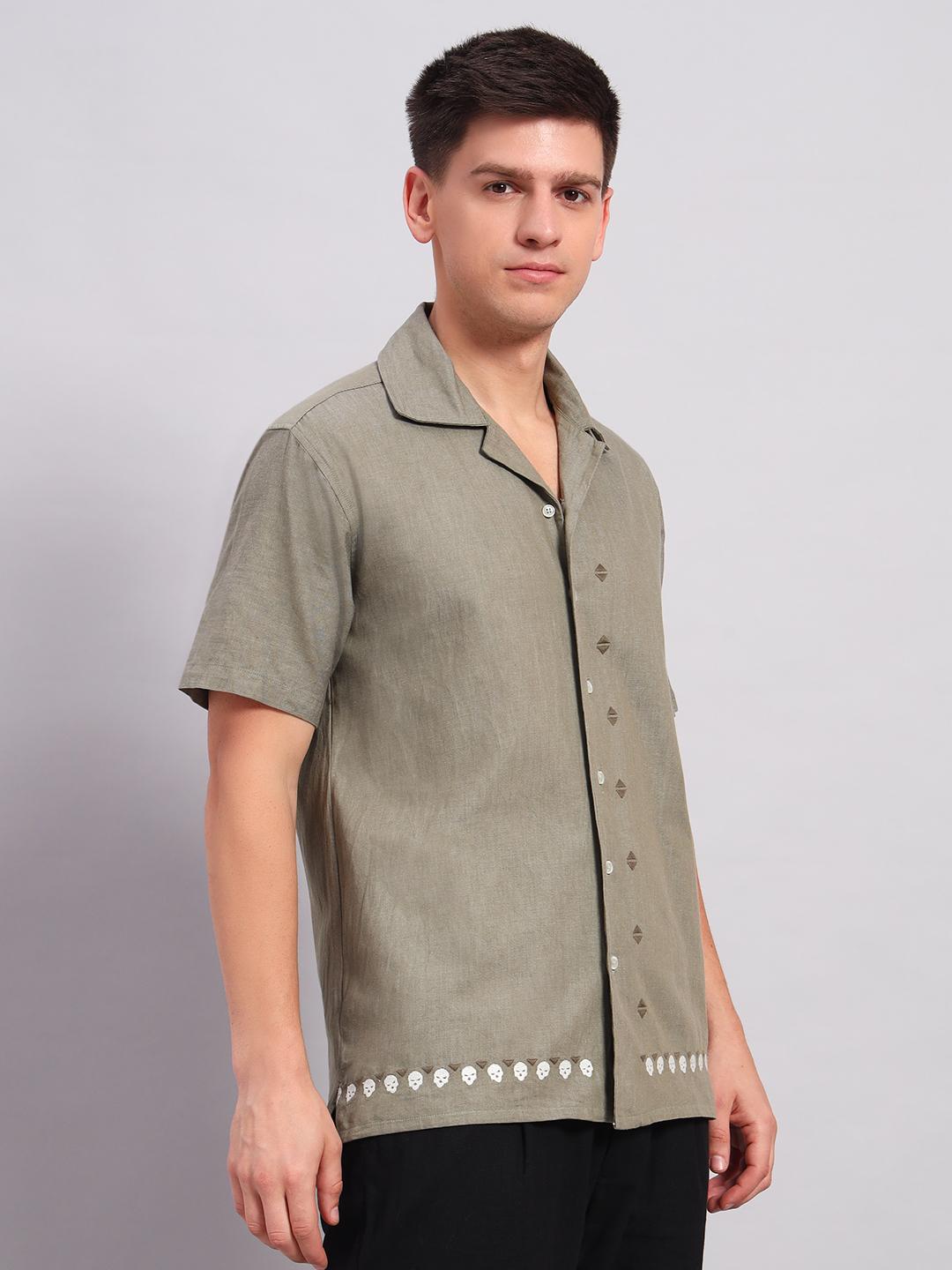 Men’s Cotton Embroidered Cuban Collar Shirt – Straight Waist Fit