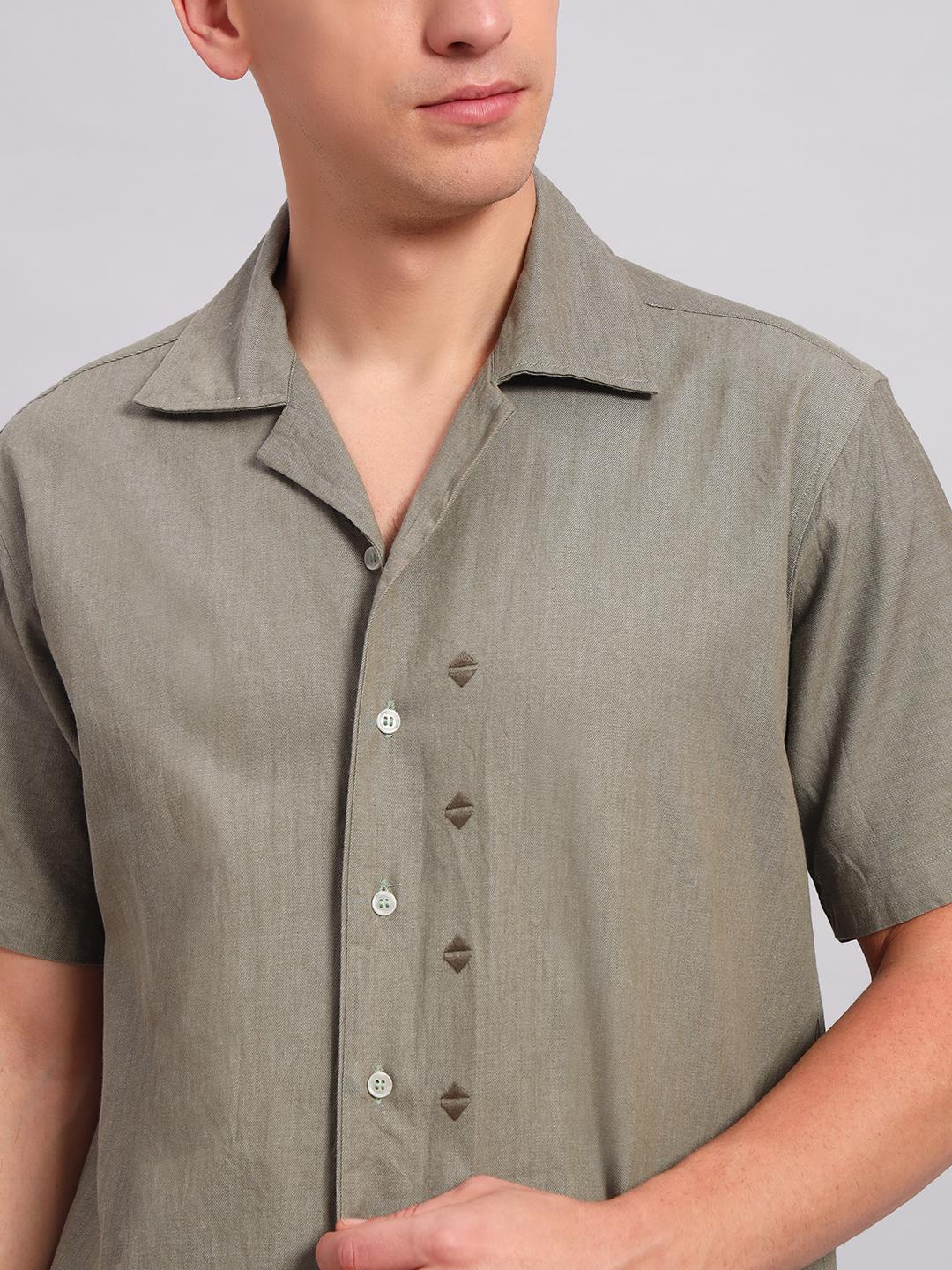 Men’s Cotton Embroidered Cuban Collar Shirt – Straight Waist Fit