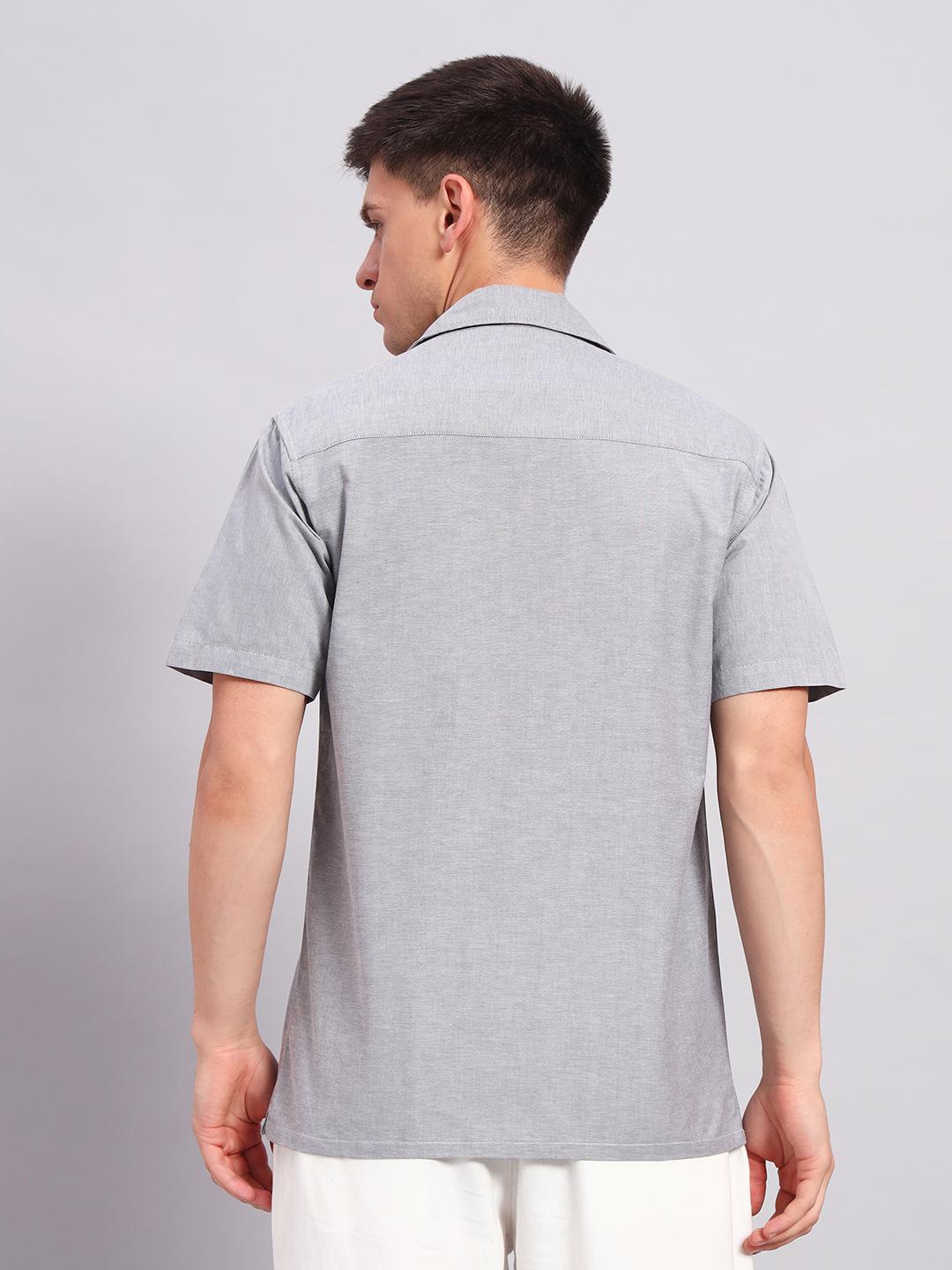 Men's light Grey Embroidered Cuban Collar Casual Shirt