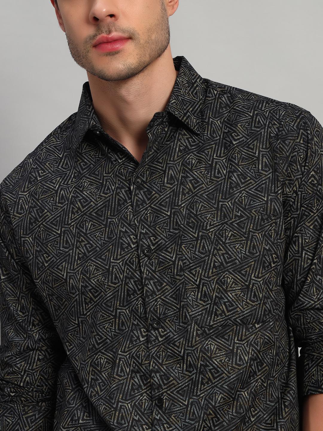 REBELAW Black Satin Printed Shirt – Full Sleeve | Regular Fit