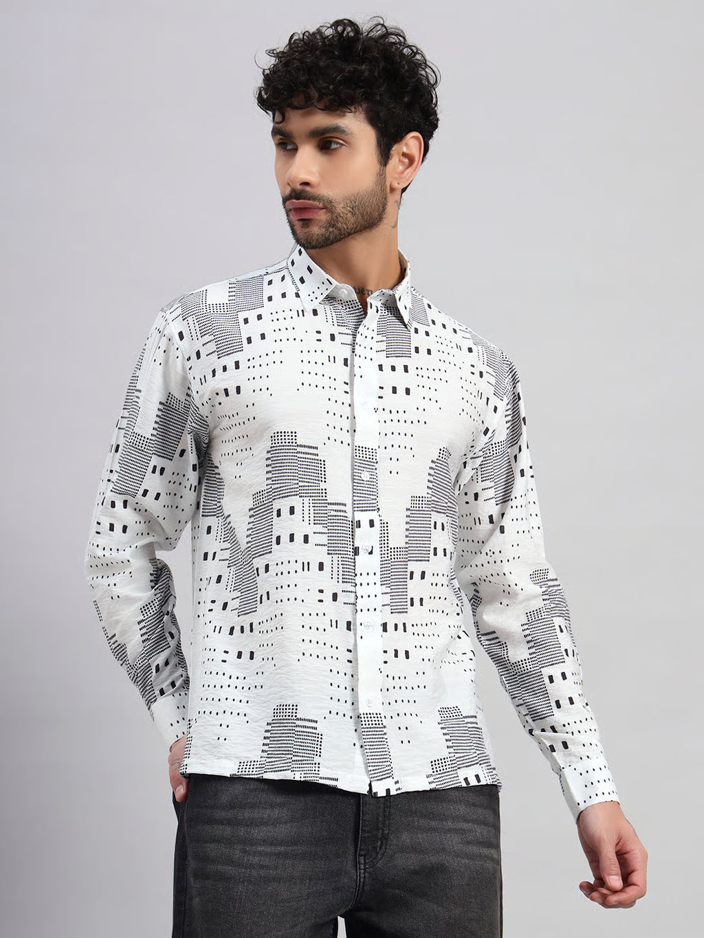 REBELAW Urban Grid Print Wrinkle-Free Cotton Blend Shirt
