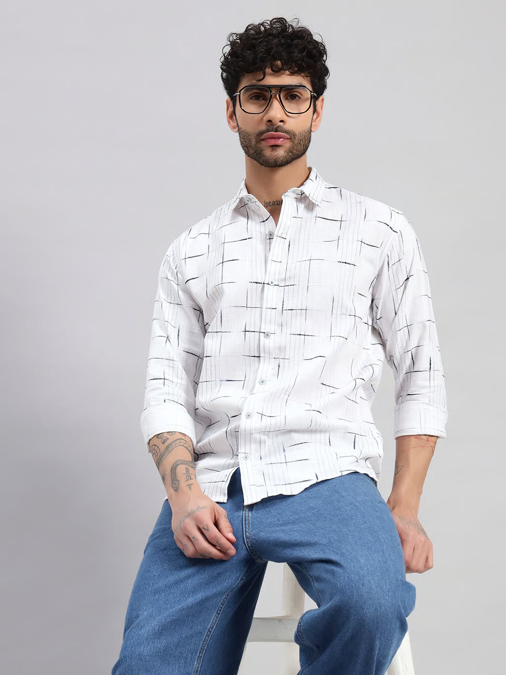 REBELAW Linear Grid Cotton Regular Fit Shirt