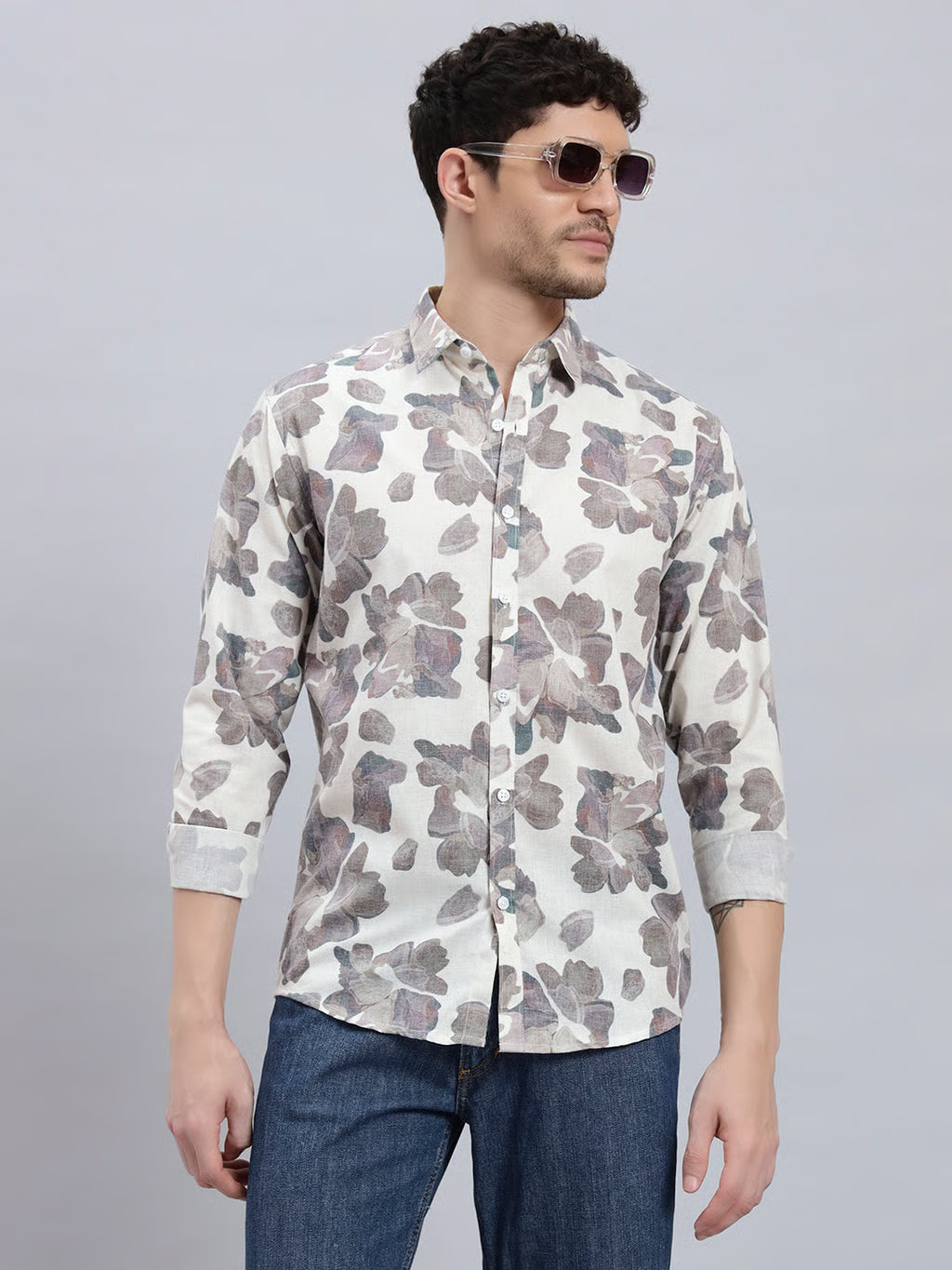 REBELAW Leaf Pattern Cotton Linen Shirt – Full Sleeve | Regular Fit
