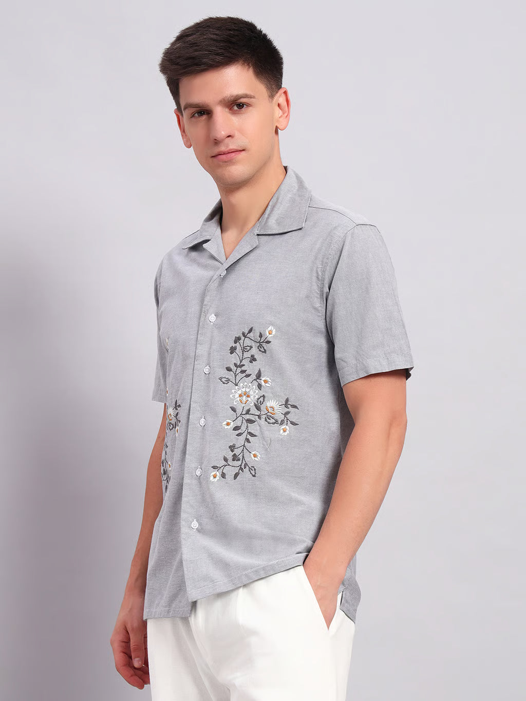 Men's light Grey Embroidered Cuban Collar Casual Shirt